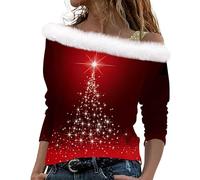 Damen Langarmshirt Sweatshirt Christmas Sport Aesthetic Clothes Weihnachten 3D Druck Plüsch Schulterfrei Langarm Pulli Shirt Mit Schulterriemen Xmas Warmer Hausanzug