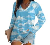 Damen Langarmshirt Tiefer V-Ausschnitt Oberteile Oversized Langarm T-Shirt Casual Longshirt Cartoon-Stil Basic Oberteile Himmelblau, Blauer Himmel Weiße Wolken Geeignet Für Frühling, Herbst Winter