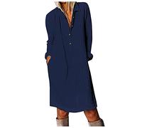 Damen Lange Leinenkleid Langarm Sommer mit Knopfleiste Kurzarm V-Ausschnitt Sommerkleid Knielang Leinenkleider Baumwolle Leinen Casual Freizeitkleid Strandkleider Boho Kleid A-Linie Kleid, XL, Blau