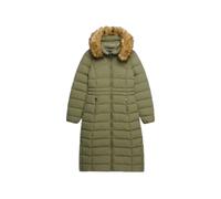 Steppjacke SUPERDRY "HOODED FAUX FUR FUJI LONGLINE", Damen, Gr. L, grün (wild khaki), Steppware, Obermaterial: 100% Nylon, unifarben mit Farbeinsatz, slim fit Po-bedeckend, Jacken Steppjacke, Kunstfas