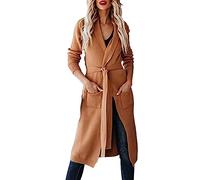 Damen Lange Strickjacke mit Gürtel V-Ausschnitt Langen Ärmel Lässig Bequem Cardigan Elegant Open Front Bequem Strick Mantel