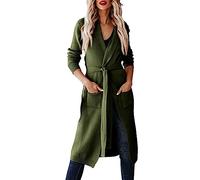 Damen Lange Strickjacke mit Gürtel V-Ausschnitt Langen Ärmel Lässig Bequem Cardigan Elegant Open Front Bequem Strick Mantel
