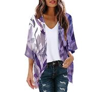 Damen Langer Stil Druck Chiffon StrickjackeFlorale Kimono Cardigan 3/4 Armel Chiffon Tops Strandkleid Lose Bluse Shawl Elegante Leichte Sommerjacke Lässige Strand Poncho Bikini Cover Up (6-Purple, XL)