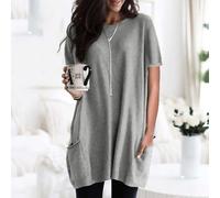 Damen Langes Weites T-Shirt Grau XL mit Taschen, Casual Kurze Ärmel