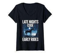 Damen Late Nights Code Early Rides Horse Programmierer T-Shirt mit V-Ausschnitt