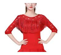 Damen Latein-Tanz-Tops Standard Modern Fransen Quaste Mesh-Splice langärmelig glänzende Pailletten T-Shirt Tunika Bluse für Jazz Rot