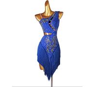 Damen Latein Tanzkleid Sexy Rückenfrei Schräge Schultern Ärmellos Glänzende Strasssteine Quastenkleid Professioneller Wettkampf Tanzrock für Samba Tango Cha Cha Auftritte ( Color : Royal Blue , Size :