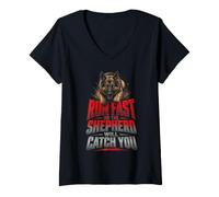 Damen Laufen Sie schnell oder der Hirte Wird Sie Hundeliebhaber fangen T-Shirt mit V-Ausschnitt
