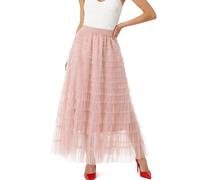 Damen Layered Long Maxi Tüll Röcke Hohe Taille A Linie Rüschen Stufig Layered Mesh Tutu Petticoat Tüllrock, Champagner, Klein