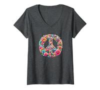 Damen Lebe den Hippie Spirit: Flower Power 60er 70er Jahre Retro T-Shirt mit V-Ausschnitt