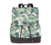 Damen-Leder-Rucksack, Geldbörse, grüne Palmenblätter, Rosa, luxuriöser PU-Leder-Laptop-Rucksack für Arbeit/Reisen, Diebstahlschutz, 39,6 cm (15,6 Zoll), stilvolle strapazierfähige Schultasche für