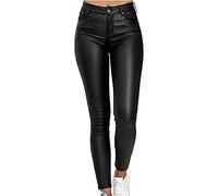 Damen Lederhose Kunstlederhose Damen Hose in Leder Optik Denim Biker Pants Damen Sporthosen (Color : Black, Size : L)