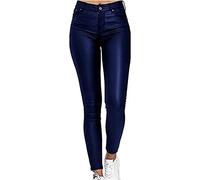 Damen Lederimitat Kunstleder-Hose Glanz High-Waist Hoher Bund Leggings Stretch Coated Lederhose Damen Sporthosen (Color : Blue, Size : M)
