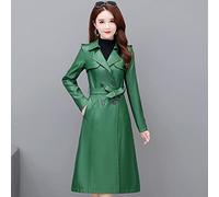 Damen Lederjacke,Damen Kunstleder Trenchcoat Jacke Grün Langes Revers Doppelknopf Gürteltasche Elegant Langarm Slim Fit Moto Biker Pu Mantel Bomber Motorrad Outwear Herbst Winter Warme Tops,M