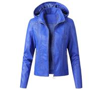 Damen Lederjacke mit Kapuzen dick Bequeme Atmungsaktiv Kunstlederjacke Slim Bikerjacke für Herbst und Winter (Blau,XL)