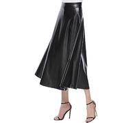 Damen Lederrock Schwarz Knielang - Plissee Rock Midi Vintage Pu-Lederrock Mini High Taille Casualrock Stretchy Einfarbig Slim Rock Stretchy Plisseerock Midirock Party Rock A-Linie Faltenrock