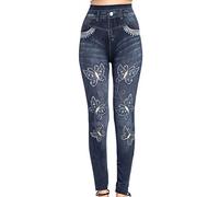 Damen Leggings Denim Print Butterfly Jeggings Damen Stretch Damen Skinny Fit Jeans Stretch High Waisted Denim Jeggings mit Taschen Jeanshose Damen Skinny Hellblaue Jeans High Waisted Pants
