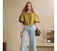 Damen leichte, glänzende Stoff Loose Fit Plissee Ausschnitt-Spitze Petal Ärmel Rundhals Casual/Büro Bluse