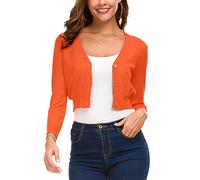 Damen Leichter Strick-Crop-Cardigan mit 3/4-Ärmeln, V-Ausschnitt, vorne offen, Bolero, Shrug für Kleider und Freizeitkleidung, Orange/Abendrot im Zickzackmuster (Sunset Chevron), Klein