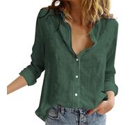 Damen leinen Bluse hemdbluse Sommer Hemden Einfarbig Baumwoll Revers Langarm Musselin Oberteile große größen unterhemden(Dunkelgrün, L)
