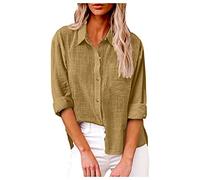Damen leinen Bluse hemdbluse Sommer Hemden Einfarbig Baumwoll Revers Musselin Tunika große größen(Khaki, 5XL)