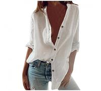 Damen Leinen Bluse Sommer Langarm Knopfleiste Oberteile V-Ausschnitt Hemdbluse Tunika Longshirt Grosse Grössen Leinenoberteile Leinenbluse Einfarbig Tshirt Lose Pullover T Shirt Tops, 1#weiß, XXL