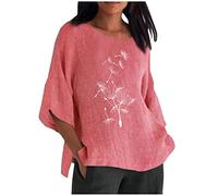 Damen Leinen Bluse Vintage Oversize Leinenbluse 3/4 Ärmel T-Shirt Einfarbig Oberteile Leinenhemd Longbluse Rundhals Pullover Lose Tshirt Teenager Mädchen Tunika Shirt Sommer Tops Longshirt für Frauen