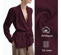 Damen Leinen elegante Büro-/Pendler-/Urlaubs-Lässig V-Ausschnitt Bluse mit Rüschen an den Schultern, Überlappung vorne, Taillenschleife, Tasche, Langa