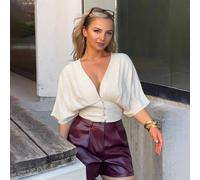 Damen Leinen Fledermaus Kurzarm Bluse, geeignet für Casual Ausflüge, Einkaufen, Pendeln, Büro, Urlaub und Ferien Damen Sommer Outfits Gerafftes Oberte