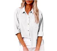 Damen Leinen Hemd Elegant mit Knopfleiste Tasche Sommer Oversized Kurzarm Blusen Langärmeliges Shirt Oberteile Reverskragen Elegant Shirts Bluse Oberteile Einfarbig Basic Unterhemd Top