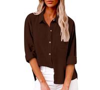 Damen Leinen Hemd Elegant mit Knopfleiste Tasche Sommer Oversized Kurzarm Blusen Langärmeliges Shirt Oberteile Reverskragen Elegant Shirts Bluse Oberteile Einfarbig Basic Unterhemd Top