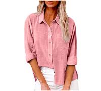Damen Leinen Hemd Elegant mit Knopfleiste Tasche Sommer Oversized Kurzarm Blusen Langärmeliges Shirt Oberteile Reverskragen Elegant Shirts Bluse Oberteile Einfarbig Basic Unterhemd Top