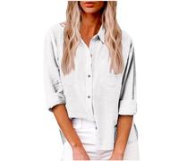 Damen Leinen Hemd Elegant mit Knopfleiste Tasche Sommer Oversized Kurzarm Blusen Langärmeliges Shirt Oberteile Reverskragen Elegant Shirts Bluse Oberteile Einfarbig Basic Unterhemd Top
