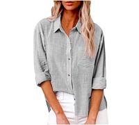 Damen Leinen Hemd Elegant mit Knopfleiste Tasche Sommer Oversized Kurzarm Blusen Langärmeliges Shirt Oberteile Reverskragen Elegant Shirts Bluse Oberteile Einfarbig Basic Unterhemd Top
