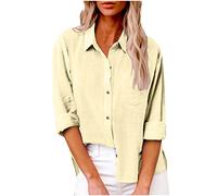 Damen Leinen Hemd Elegant mit Knopfleiste Tasche Sommer Oversized Kurzarm Blusen Langärmeliges Shirt Oberteile Reverskragen Elegant Shirts Bluse Oberteile Einfarbig Basic Unterhemd Top