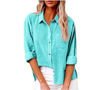Damen Leinen Hemd Elegant mit Knopfleiste Tasche Sommer Oversized Kurzarm Blusen Langärmeliges Shirt Oberteile Reverskragen Elegant Shirts Bluse Oberteile Einfarbig Basic Unterhemd Top