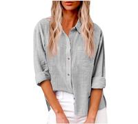 Damen Leinen Hemd Elegant mit Knopfleiste Tasche Sommer Oversized Kurzarm Blusen Langärmeliges Shirt Oberteile Reverskragen Elegant Shirts Bluse Oberteile Einfarbig Basic Unterhemd Top