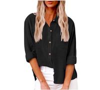 Damen Leinen Hemd Elegant mit Knopfleiste Tasche Sommer Oversized Kurzarm Blusen Langärmeliges Shirt Oberteile Reverskragen Elegant Shirts Bluse Oberteile Einfarbig Basic Unterhemd Top