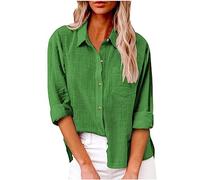 Damen Leinen Hemd Elegant mit Knopfleiste Tasche Sommer Oversized Kurzarm Blusen Langärmeliges Shirt Oberteile Reverskragen Elegant Shirts Bluse Oberteile Einfarbig Basic Unterhemd Top