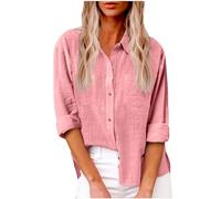 Damen Leinen Hemd Elegant mit Knopfleiste Tasche Sommer Oversized Kurzarm Blusen Langärmeliges Shirt Oberteile Reverskragen Elegant Shirts Bluse Oberteile Einfarbig Basic Unterhemd Top