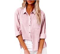 Damen Leinen Hemd Elegant mit Knopfleiste Tasche Sommer Oversized Kurzarm Blusen Langärmeliges Shirt Oberteile Reverskragen Elegant Shirts Bluse Oberteile Einfarbig Basic Unterhemd Top