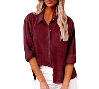 Damen Leinen Hemd Elegant mit Knopfleiste Tasche Sommer Oversized Kurzarm Blusen Langärmeliges Shirt Oberteile Reverskragen Elegant Shirts Bluse Oberteile Einfarbig Basic Unterhemd Top
