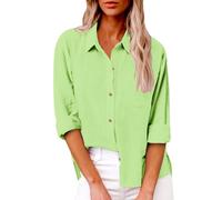 Damen Leinen Hemd Elegant mit Knopfleiste Tasche Sommer Oversized Kurzarm Blusen Langärmeliges Shirt Oberteile Reverskragen Elegant Shirts Bluse Oberteile Einfarbig Basic Unterhemd Top