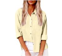 Damen Leinen Hemd Elegant mit Knopfleiste Tasche Sommer Oversized Kurzarm Blusen Langärmeliges Shirt Oberteile Reverskragen Elegant Shirts Bluse Oberteile Einfarbig Basic Unterhemd Top