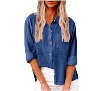 Damen Leinen Hemd Elegant mit Knopfleiste Tasche Sommer Oversized Kurzarm Blusen Langärmeliges Shirt Oberteile Reverskragen Elegant Shirts Bluse Oberteile Einfarbig Basic Unterhemd Top