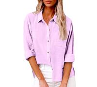 Damen Leinen Hemd Elegant mit Knopfleiste Tasche Sommer Oversized Kurzarm Blusen Langärmeliges Shirt Oberteile Reverskragen Elegant Shirts Bluse Oberteile Einfarbig Basic Unterhemd Top