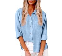Damen Leinen Hemd Elegant mit Knopfleiste Tasche Sommer Oversized Kurzarm Blusen Langärmeliges Shirt Oberteile Reverskragen Elegant Shirts Bluse Oberteile Einfarbig Basic Unterhemd Top