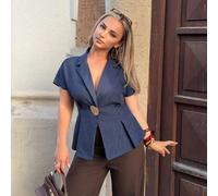 Damen Leinen Hemd mit geraffter Taille und Kurzarm, Metallknöpfen, elegantes Marineblau Sommer Büro Arbeitskleidung, formelle Old Money Mode Street So
