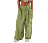 Damen Leinen Hose - Bequeme Sport Pumphose Mit Straight Bein für Frauen, Wickel-Ballonhose im Hippie Style, Freizeithose