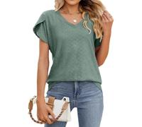 Damen Leinen Shirt Elegantes Seidenbluse Mollige Sommershirts Kurzarm Italienische Sommer Tops Damen Rüschenbluse V Ausschnitt Musselin Bluse Sommertop Sommer Damenmode Green XL